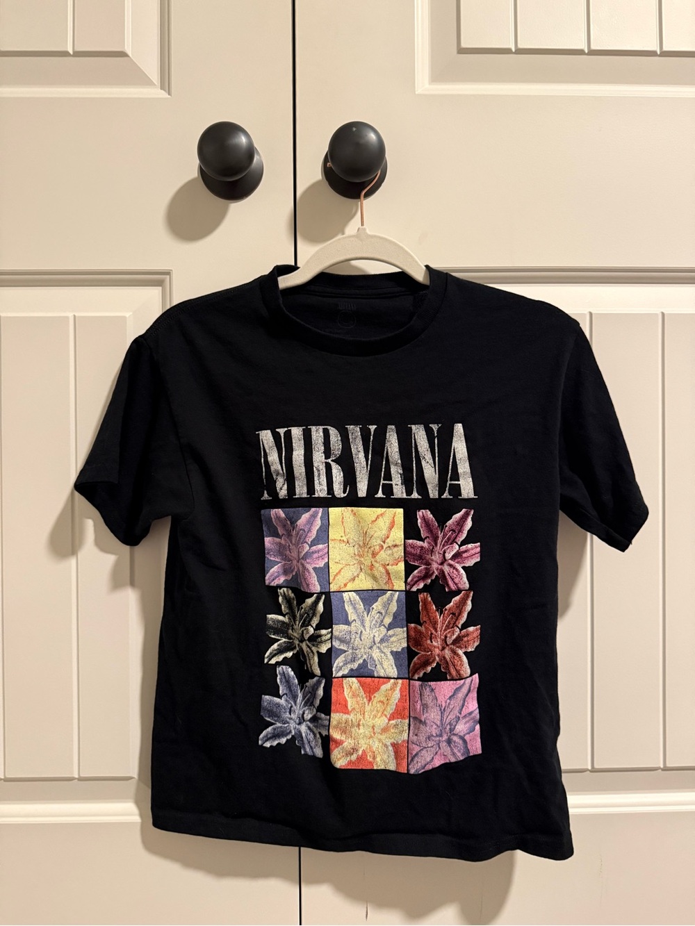 Nirvana Black Graphic Tee with Floral Grid